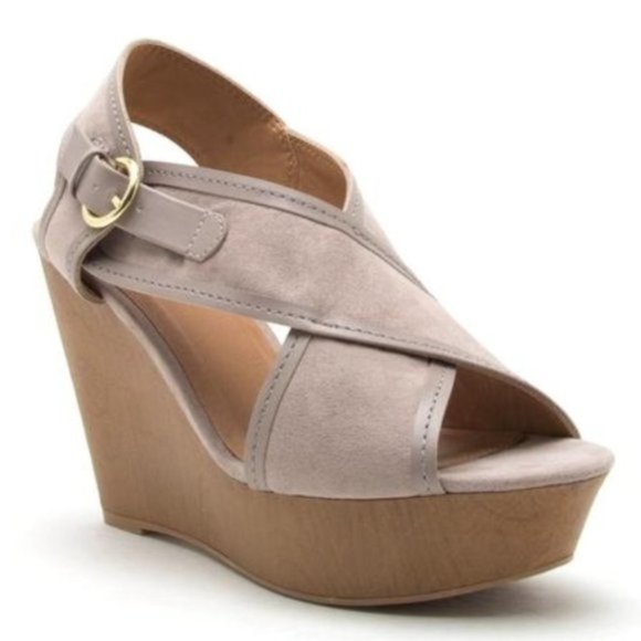 SALE! Taupe Tan Nude Crisscross Buckle Platform Wedges - Picture 3 of 9
